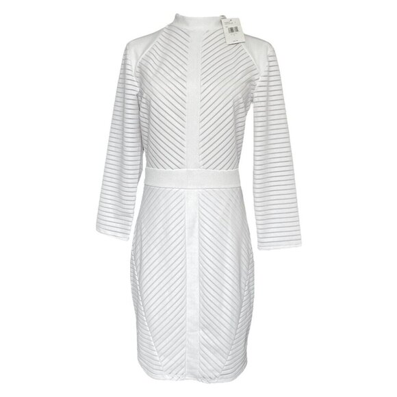 GUESS NWT Venus Mesh Dress Sz M Sheer Sheath Midi Long Sleeve Striped White Flaw - Picture 1 of 13